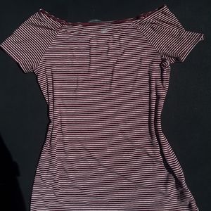 Red striped shirt top off shoulder